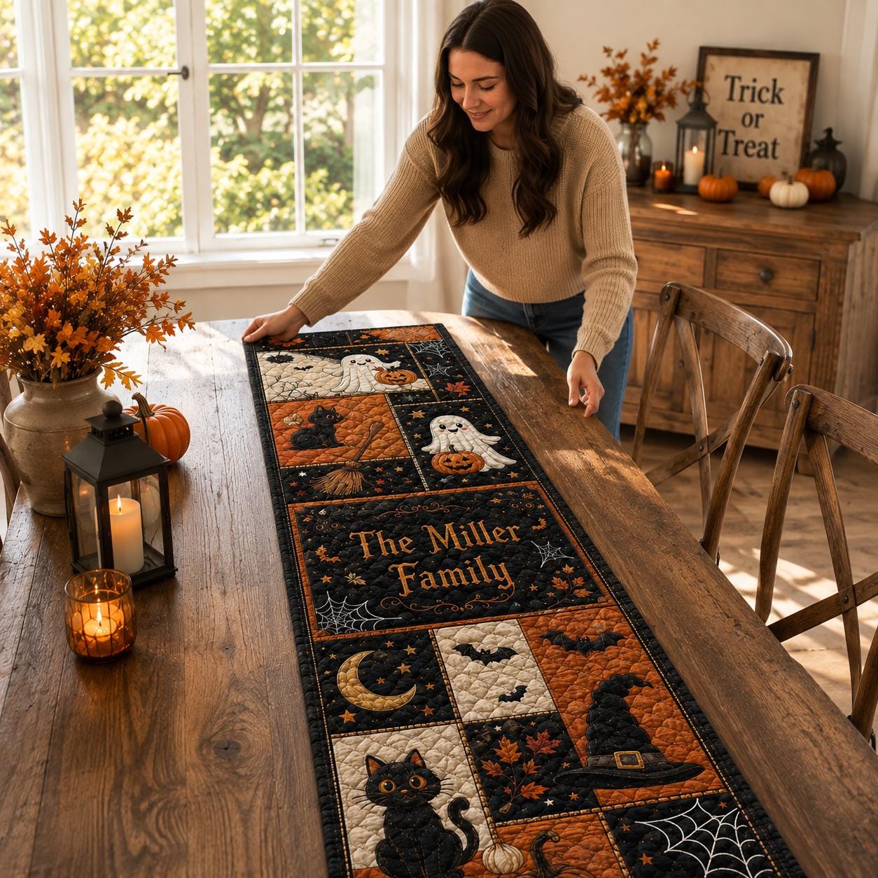 Personalized Halloween Table Runner Linen 70x13in with Cute Ghost and Pumpkin Runner for Fall Kitchen Dining Table Decoration - photo 6
