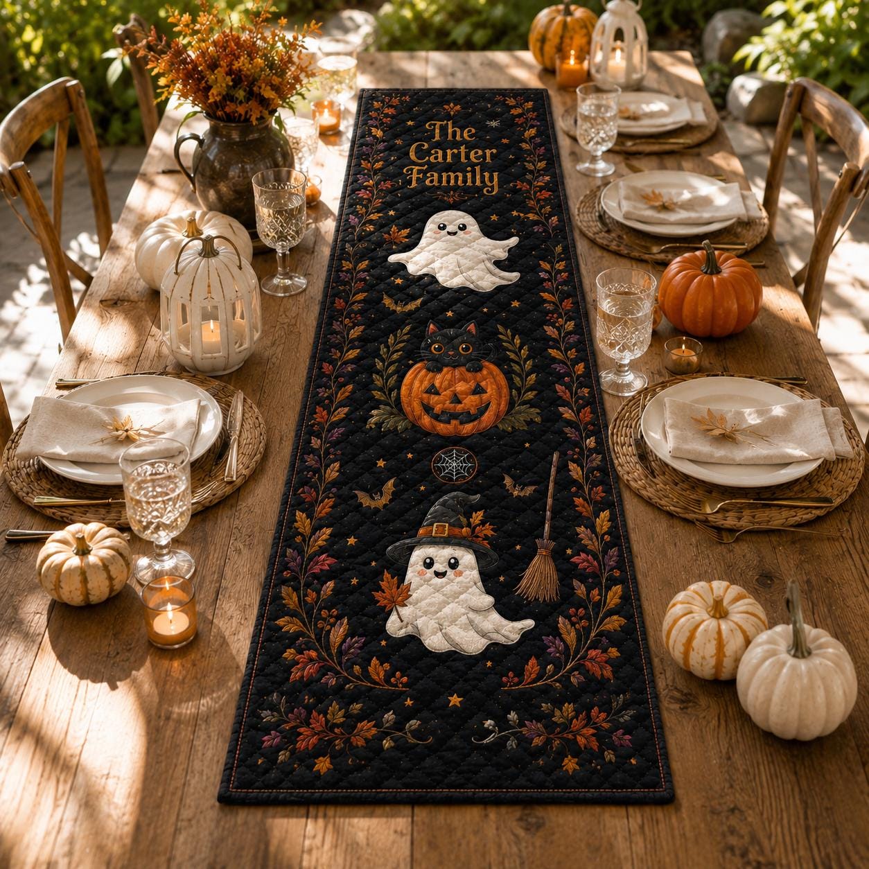 Personalized Halloween Table Runner Linen 70x13in with Cute Ghost and Pumpkin Runner for Fall Kitchen Dining Table Decoration - photo 7