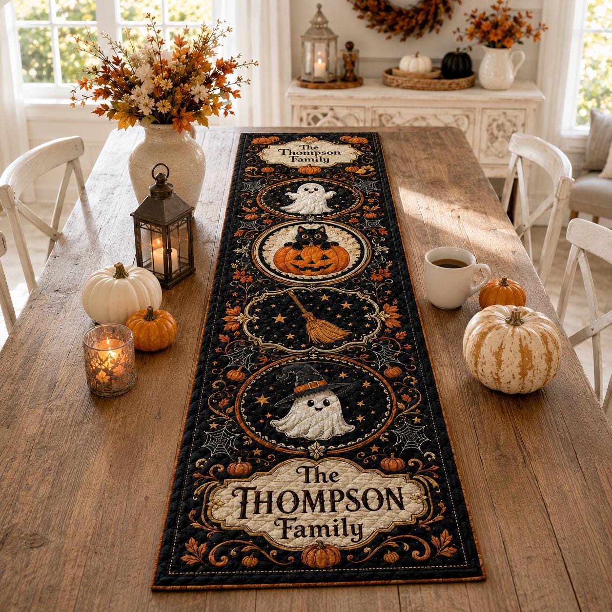 Personalized Halloween Table Runner Linen 70x13in with Cute Ghost and Pumpkin Runner for Fall Kitchen Dining Table Decoration - photo 8