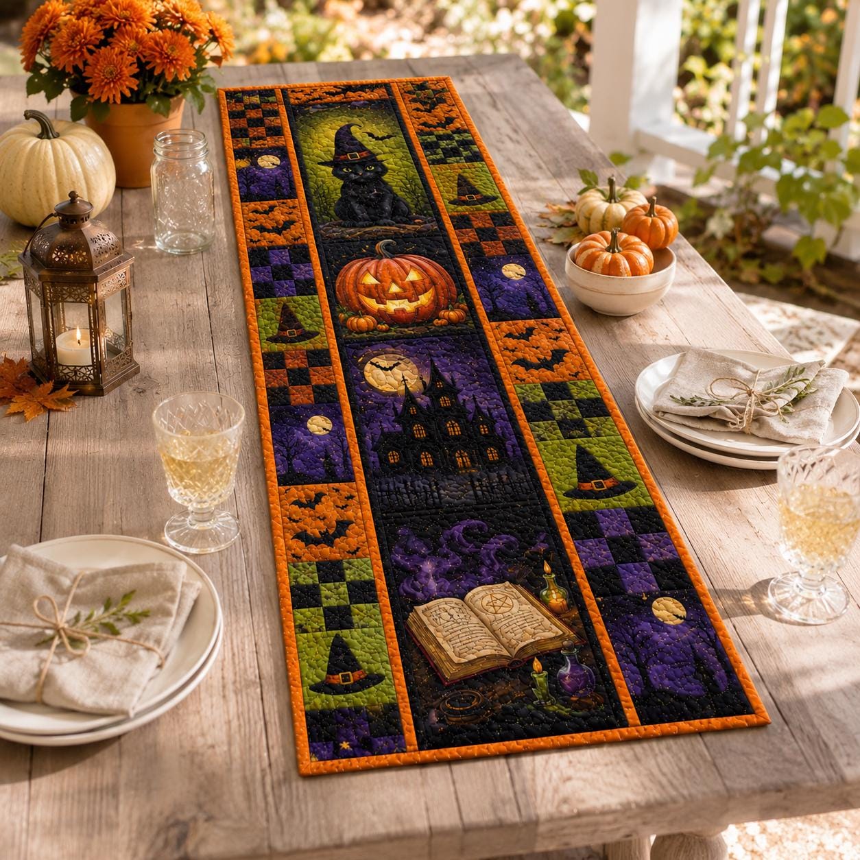 Halloween Witchy Table Runner with Witch Black Cat Cauldron Pumpkin Quilted Table Decor for Spooky Gothic Haunted Cottage Fall Dining Room Decor