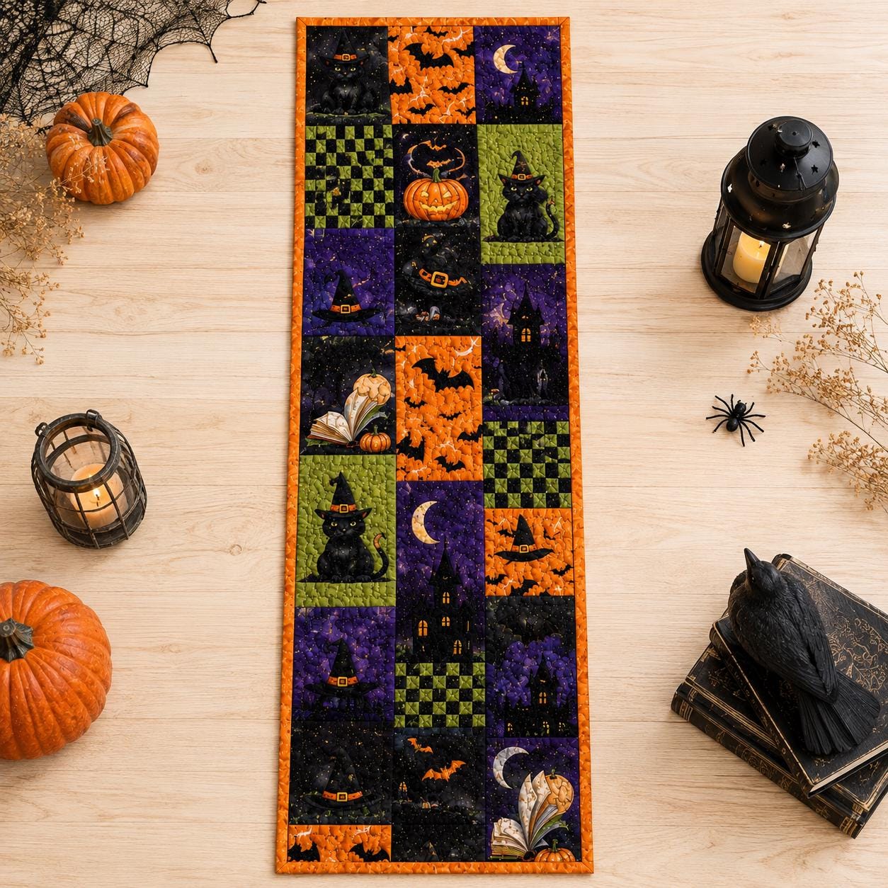 Halloween Witchy Table Runner with Witch Black Cat Cauldron Pumpkin Quilted Table Decor for Spooky Gothic Haunted Cottage Fall Dining Room Decor - photo 2