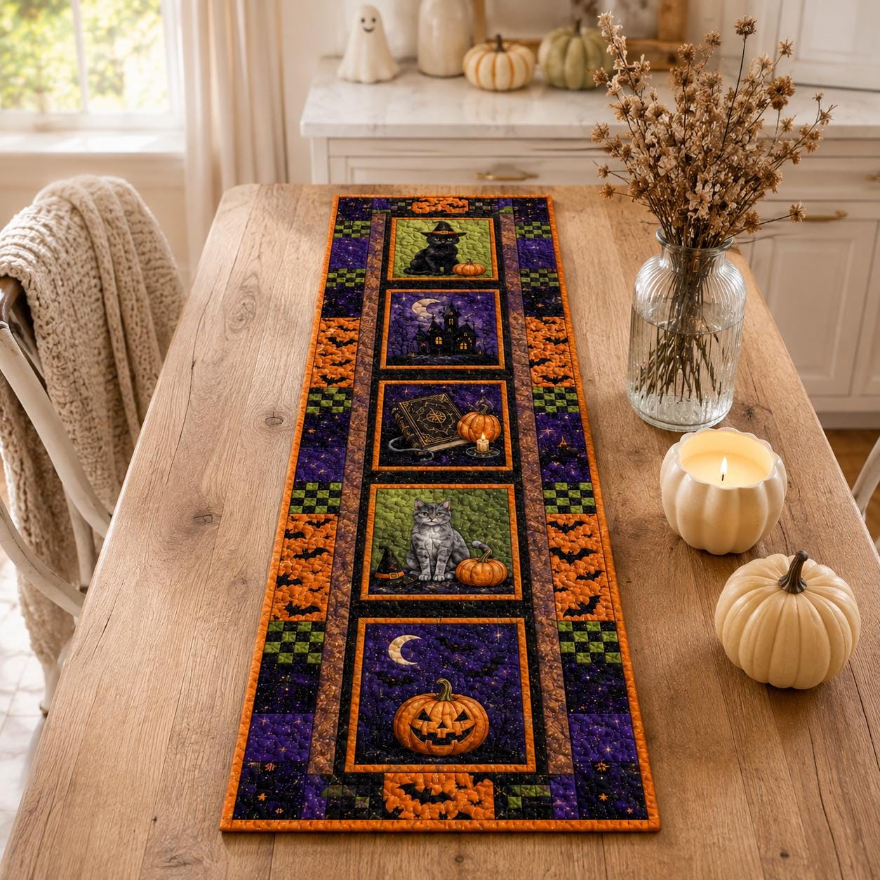 Halloween Witchy Table Runner with Witch Black Cat Cauldron Pumpkin Quilted Table Decor for Spooky Gothic Haunted Cottage Fall Dining Room Decor - photo 3
