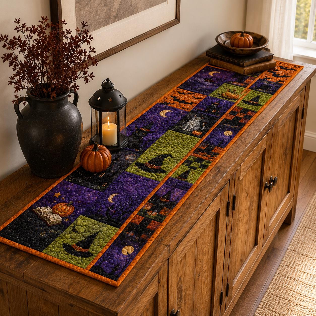 Halloween Witchy Table Runner with Witch Black Cat Cauldron Pumpkin Quilted Table Decor for Spooky Gothic Haunted Cottage Fall Dining Room Decor - photo 6