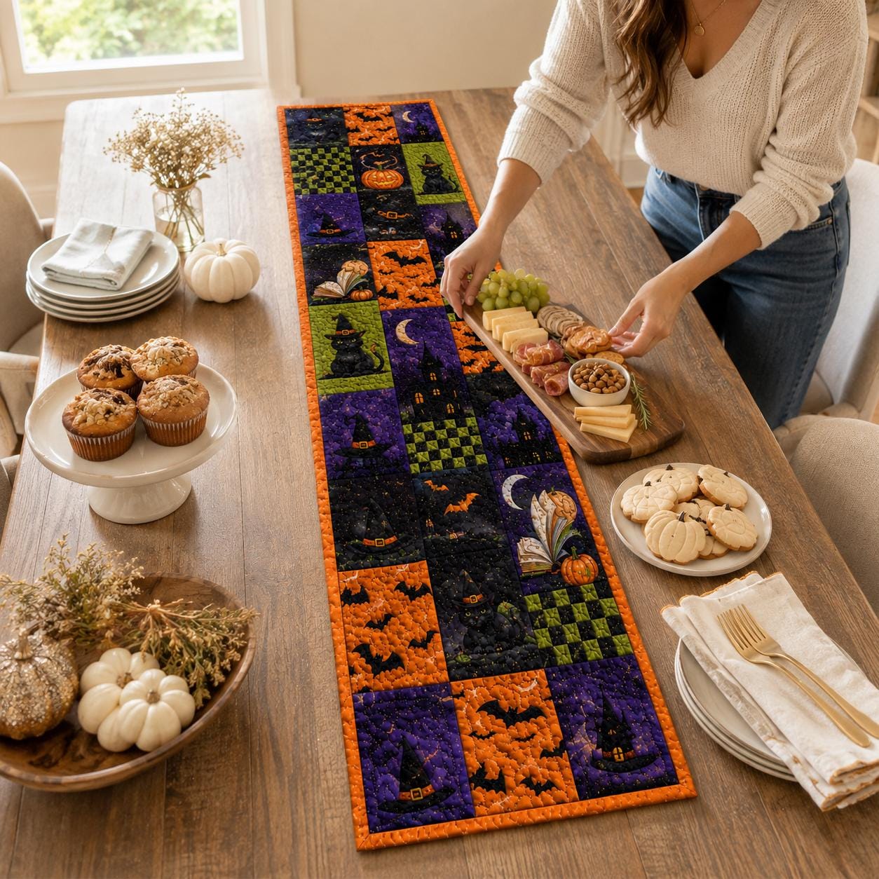 Halloween Witchy Table Runner with Witch Black Cat Cauldron Pumpkin Quilted Table Decor for Spooky Gothic Haunted Cottage Fall Dining Room Decor - photo 7