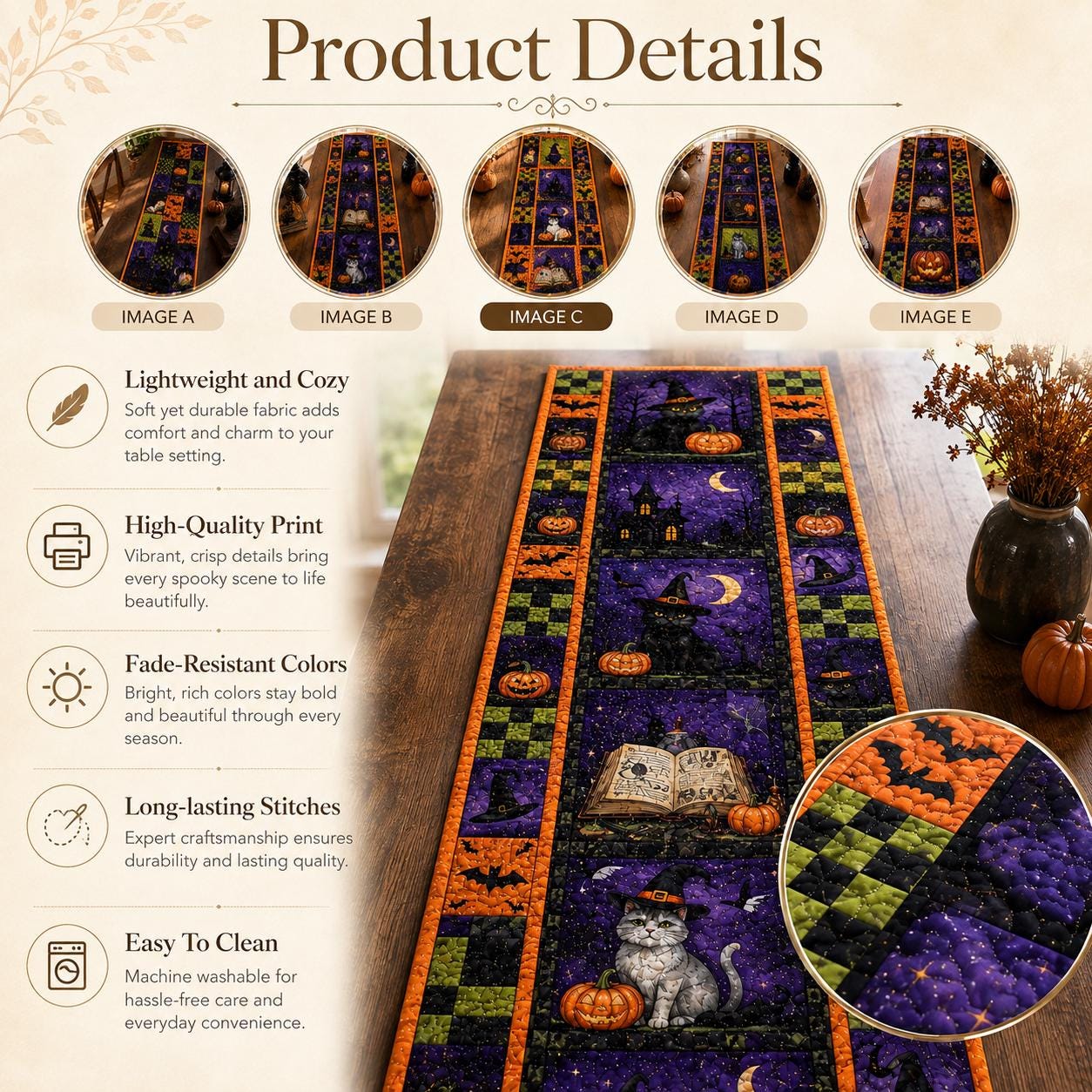 Halloween Witchy Table Runner with Witch Black Cat Cauldron Pumpkin Quilted Table Decor for Spooky Gothic Haunted Cottage Fall Dining Room Decor - photo 8