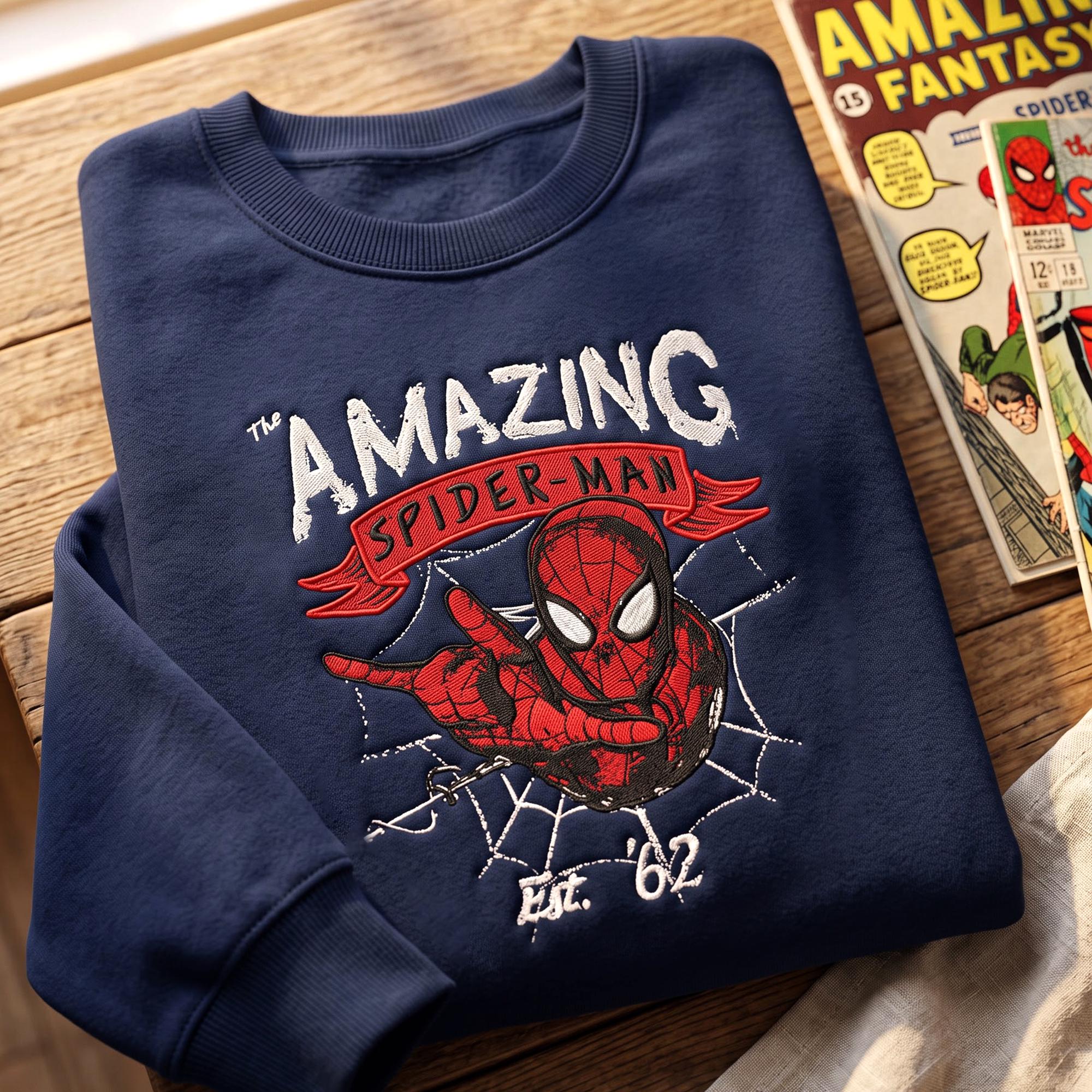 Embroidered Amazing Spider Man Sweatshirt – Retro Peter Parker 1962 Comic Crewneck and Disney Marvel Superhero Sweater for MCU Fan Gift