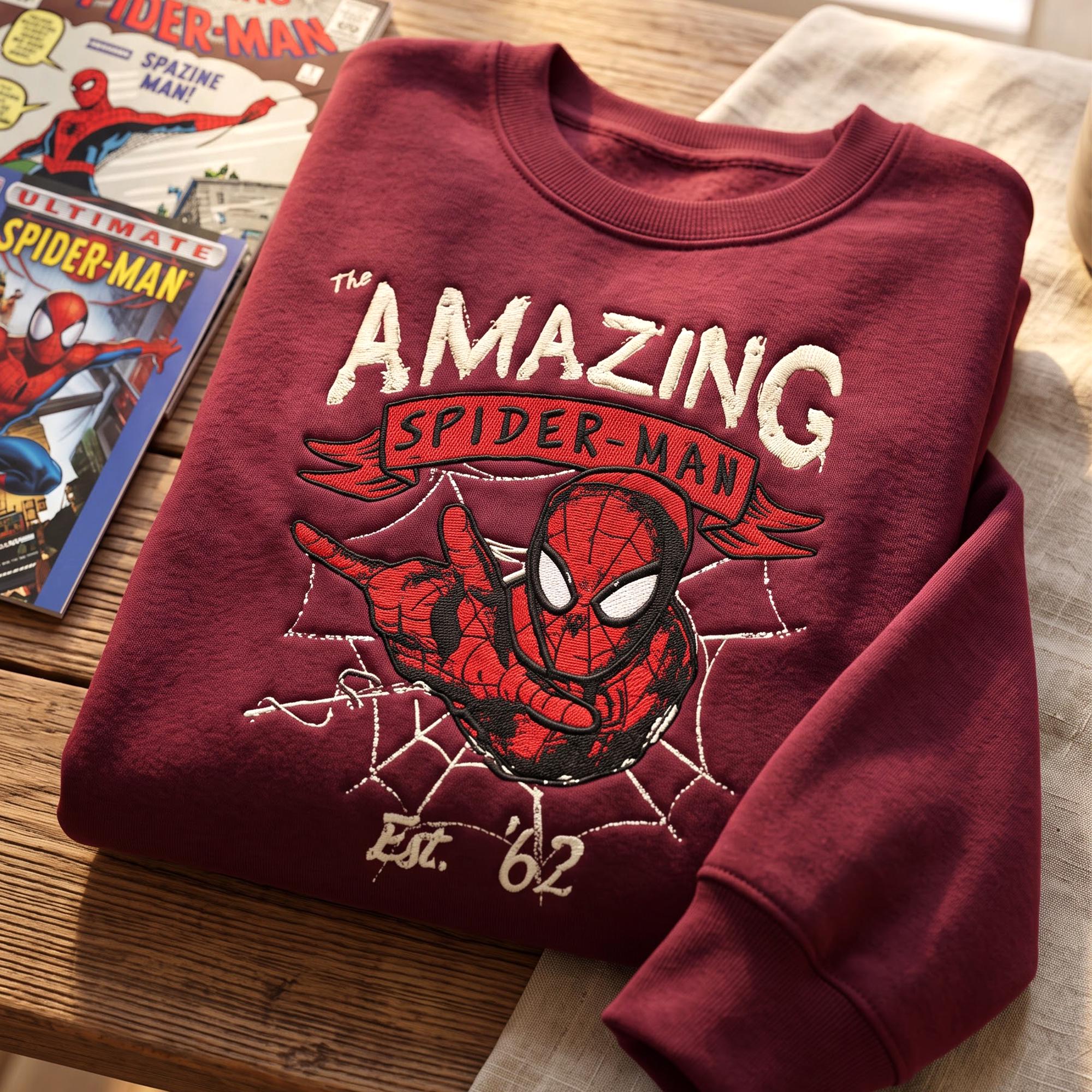 Embroidered Amazing Spider Man Sweatshirt – Retro Peter Parker 1962 Comic Crewneck and Disney Marvel Superhero Sweater for MCU Fan Gift - photo 3