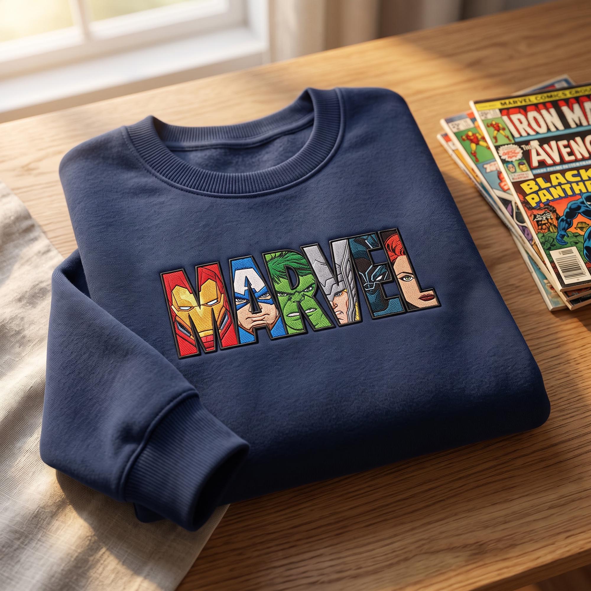 Embroidered Marvel Avengers Sweatshirt With Iron Man and Captain America – Disney Superhero Movie Comic Crewneck for MCU Fan Gift