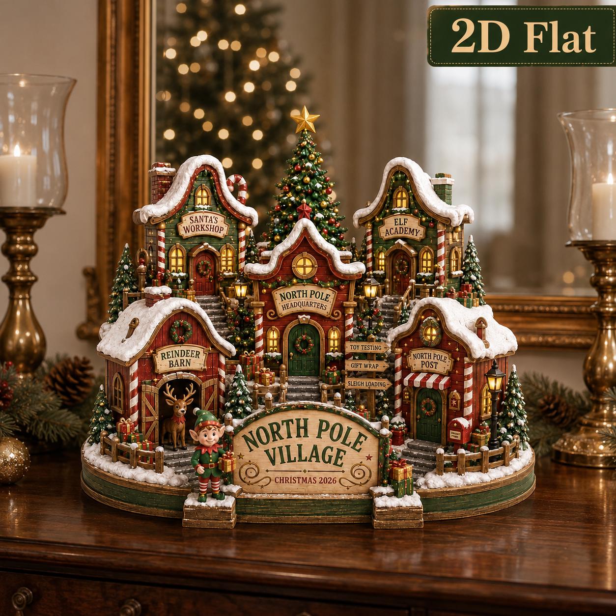 North Pole Village Wooden Block with Santa Workshop Elf Academy Reindeer Barn and Christmas Post Holiday Display