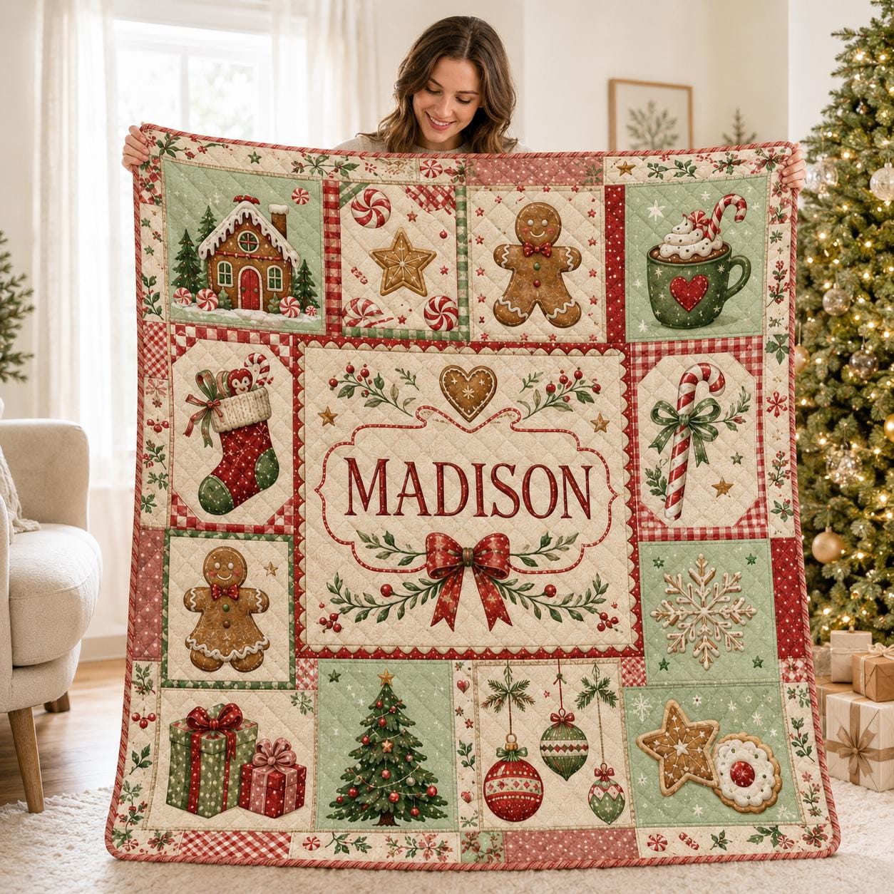 Personalized Christmas Quilted Style Blanket with Custom Name Vintage Patchwork Holiday Keepsake for Christmas Gingerbread Keepsake