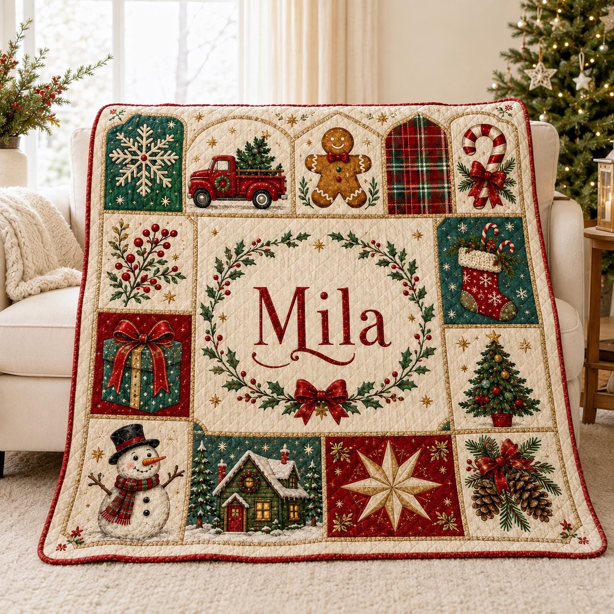 Personalized Christmas Quilted Style Blanket with Custom Name Vintage Patchwork Holiday Keepsake for Christmas Gingerbread Keepsake - photo 2