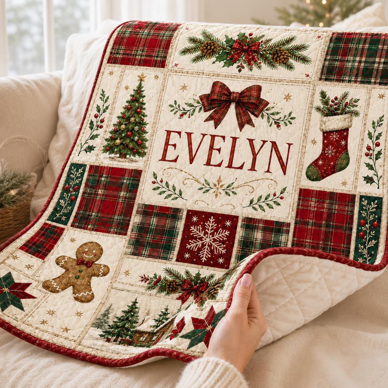 Personalized Christmas Quilted Style Blanket with Custom Name Vintage Patchwork Holiday Keepsake for Christmas Gingerbread Keepsake - photo 3