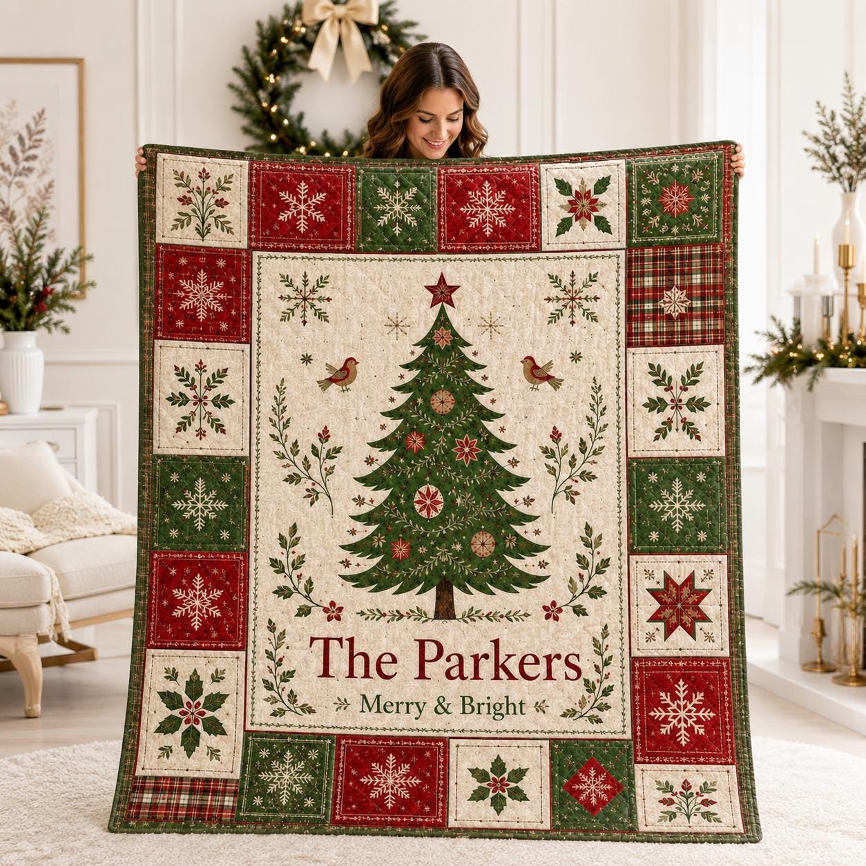 Custom Family Name Christmas Quilted Blanket with Last Name Initials Throw Blanket and Personalized Plaid Christmas Tapestry Gift for Newlyweds