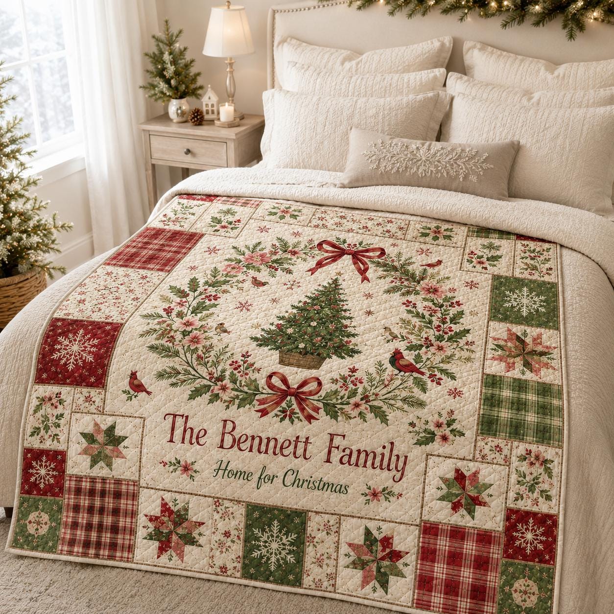 Custom Family Name Christmas Quilted Blanket with Last Name Initials Throw Blanket and Personalized Plaid Christmas Tapestry Gift for Newlyweds - photo 2