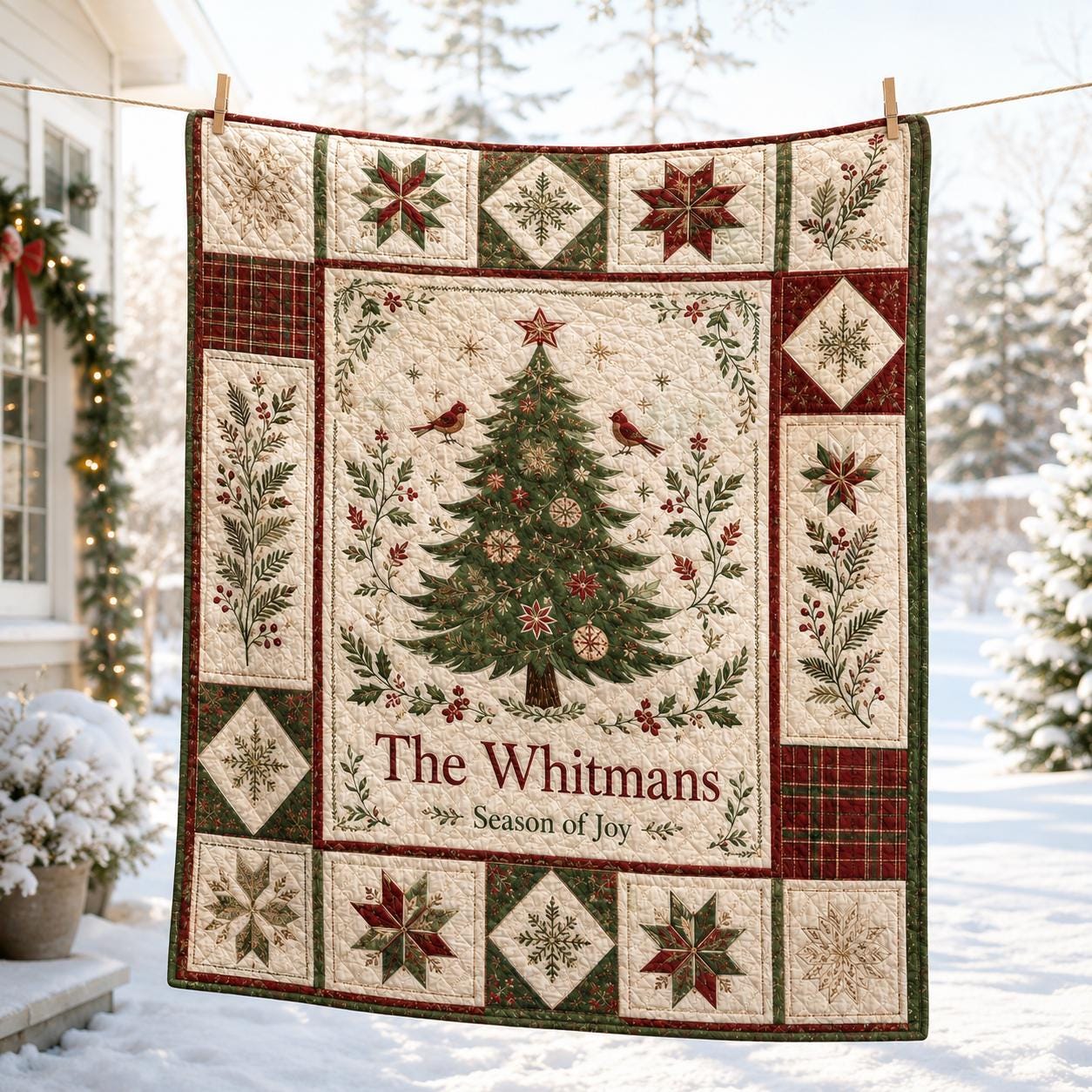 Custom Family Name Christmas Quilted Blanket with Last Name Initials Throw Blanket and Personalized Plaid Christmas Tapestry Gift for Newlyweds - photo 3