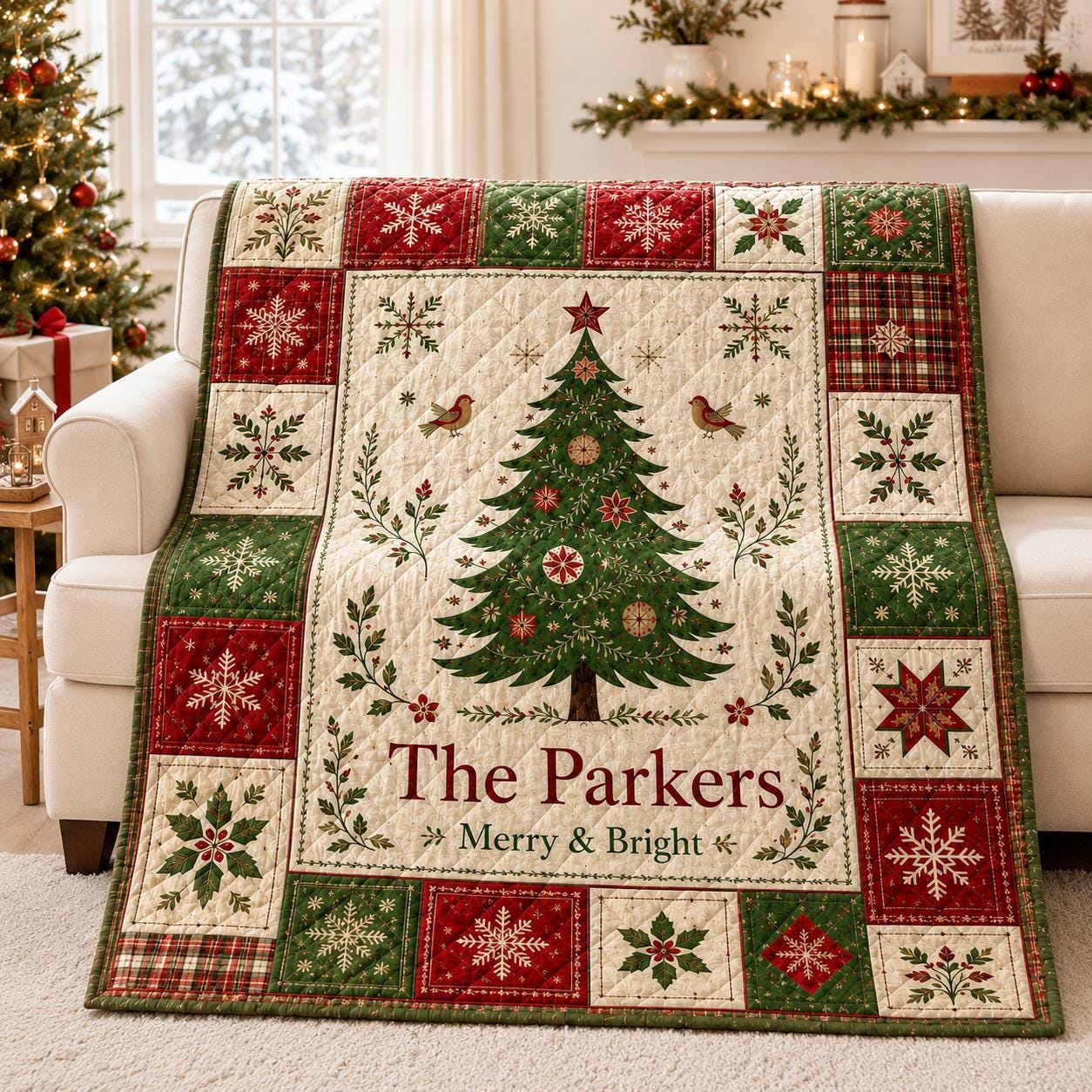 Custom Family Name Christmas Quilted Blanket with Last Name Initials Throw Blanket and Personalized Plaid Christmas Tapestry Gift for Newlyweds - photo 4