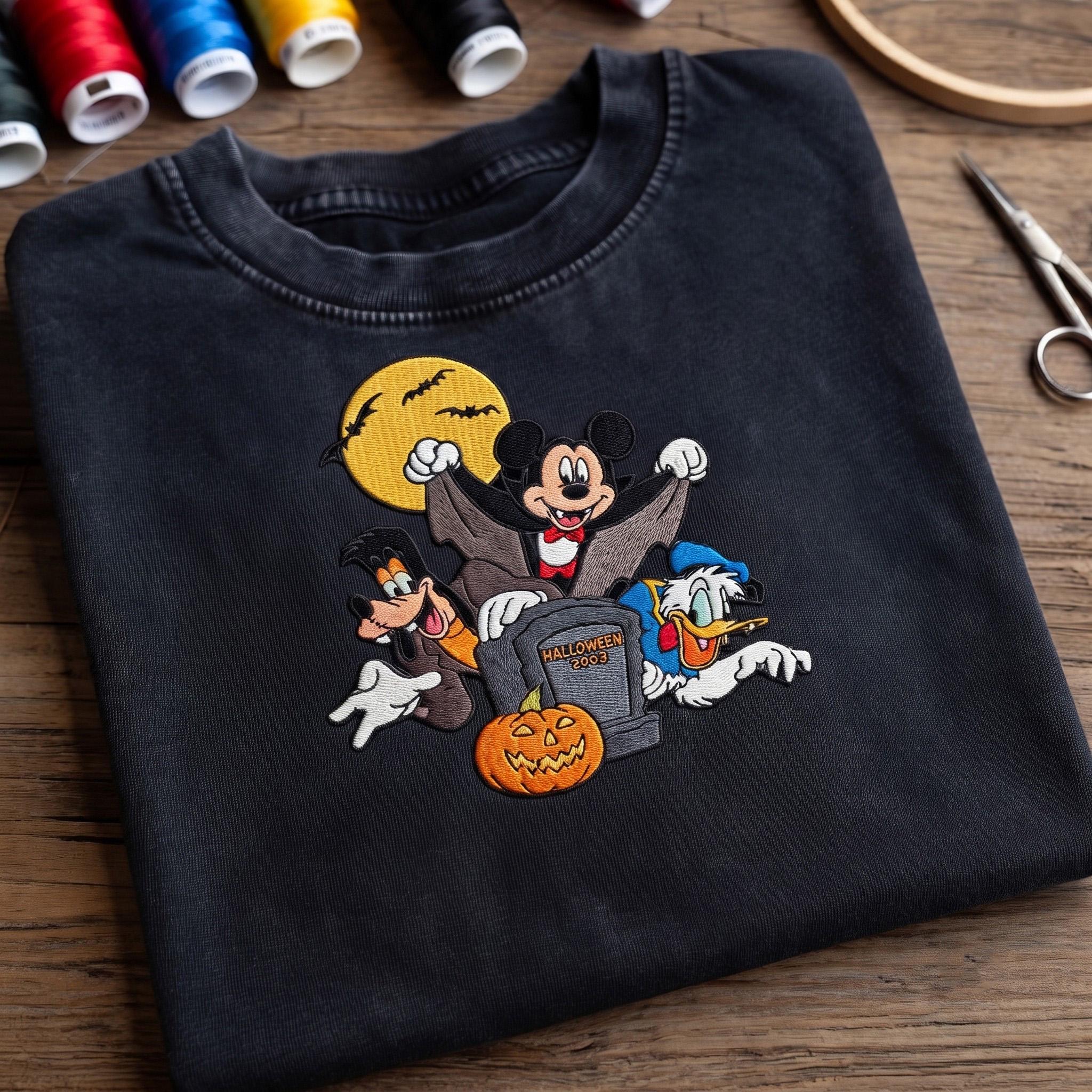 Embroidered Mickey and Friends Vampire Washed Tee With Goofy and Donald – Disney Halloween Disneyland Vacation Shirt and Park Outfit