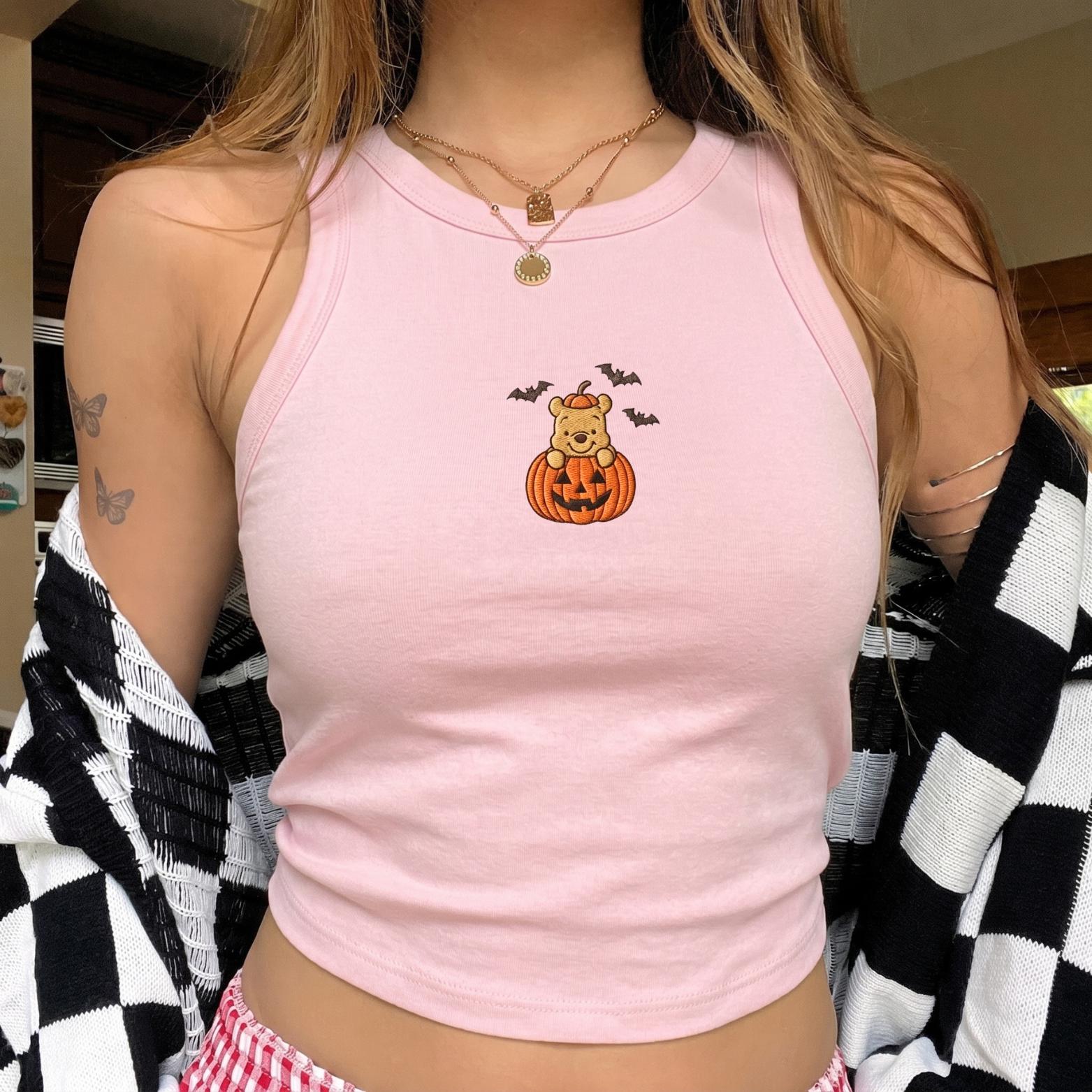 Embroidered Winnie the Pooh Halloween Tank Top With Pumpkin Pooh Baby Tee – Spooky Season Disney Trick or Treat Fall Gift - photo 3