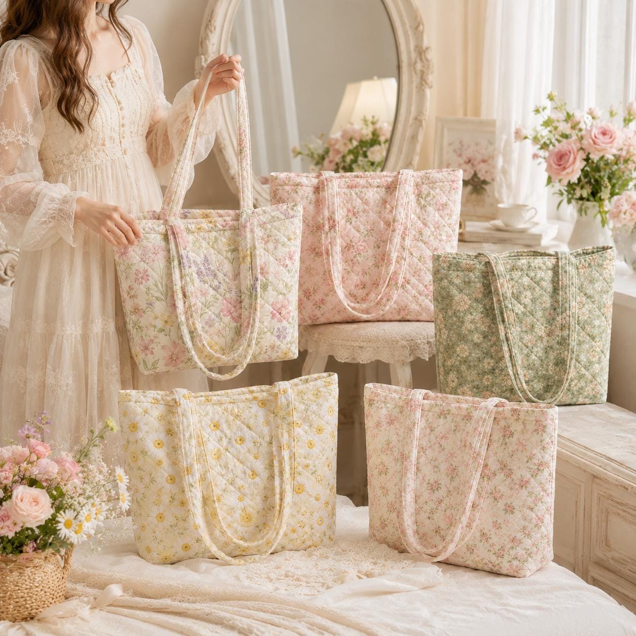 Personalized Quilted Floral Tote Bag with Custom Name Cottagecore Shoulder Bag and Daisy Rose Garden Tote for Cute Everyday Purse and Gift for Her