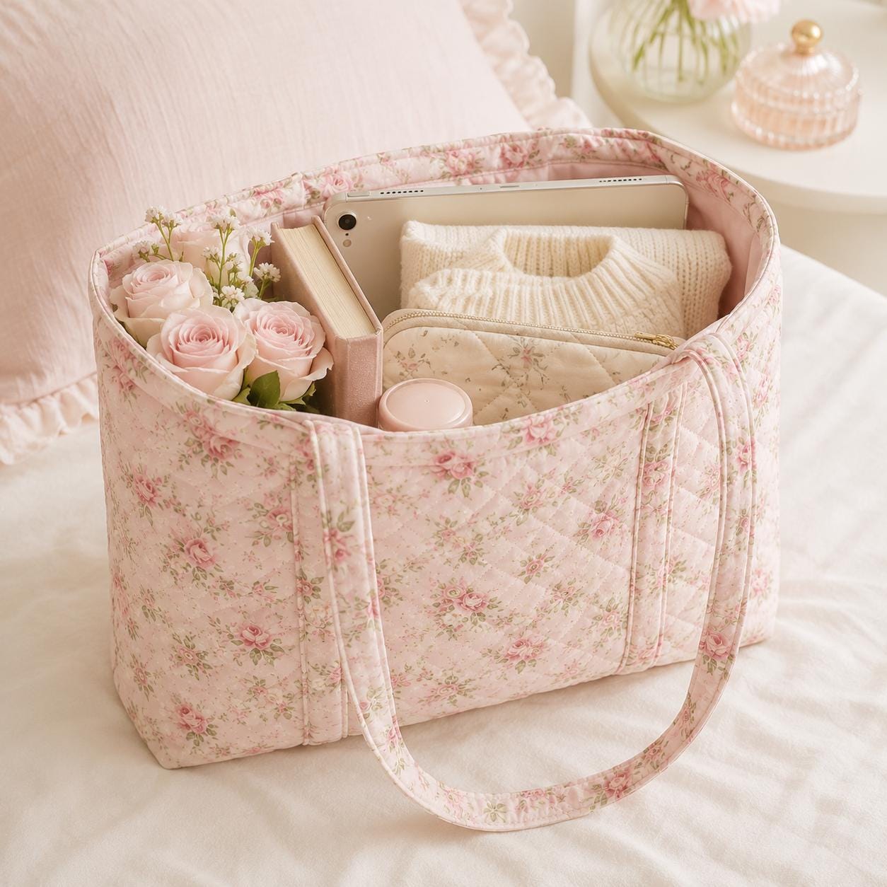 Personalized Quilted Floral Tote Bag with Custom Name Cottagecore Shoulder Bag and Daisy Rose Garden Tote for Cute Everyday Purse and Gift for Her - photo 2