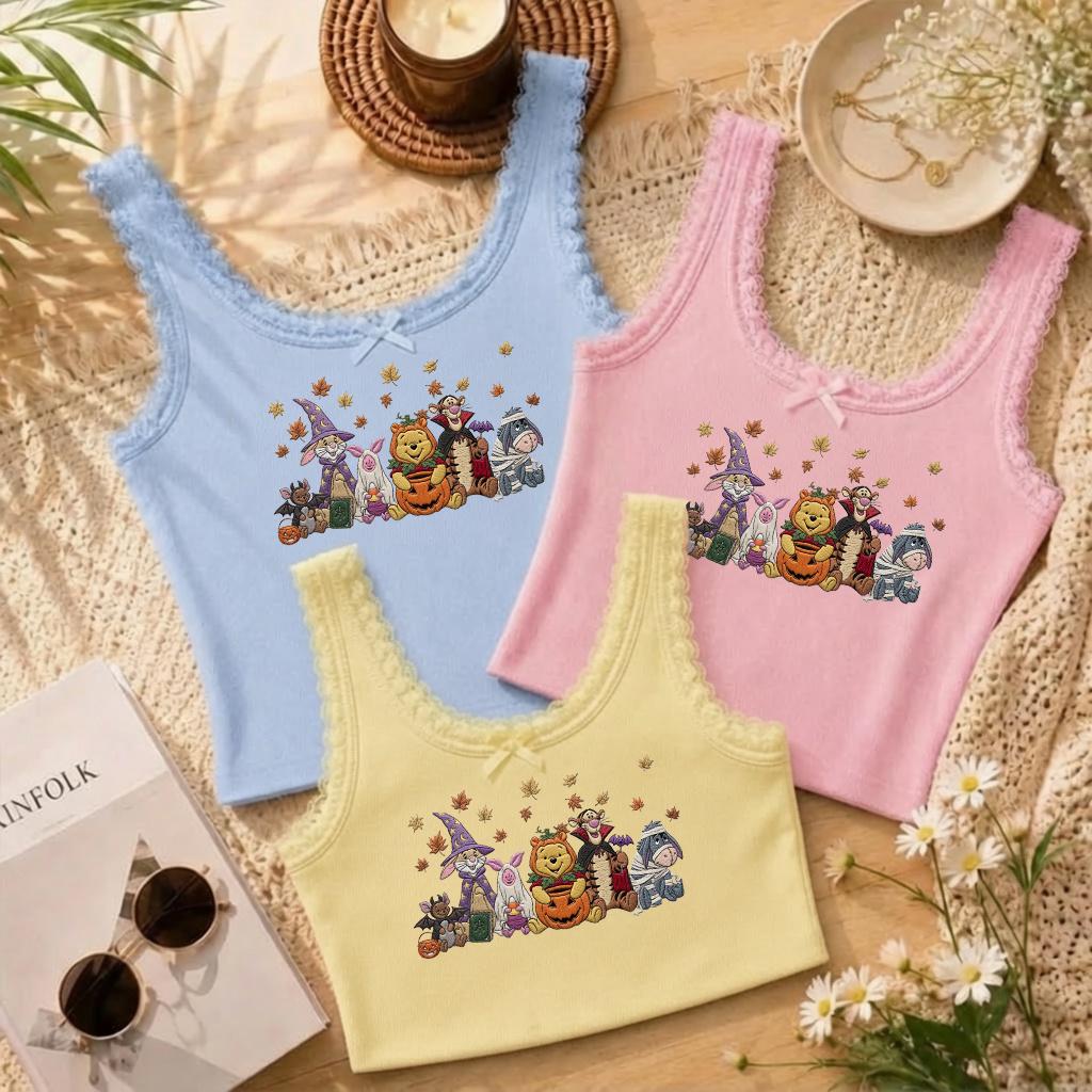 Embroidered Winnie the Pooh Halloween Lace Trim Tank Top With Pooh Bear and Friends – Spooky Season Baby Tee Crop Tank Halloween Costume - photo 3