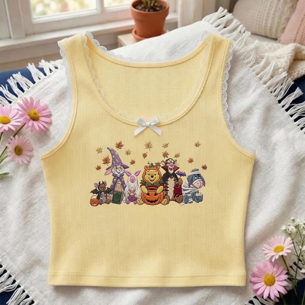 Embroidered Winnie the Pooh Halloween Lace Trim Tank Top With Pooh Bear and Friends – Spooky Season Baby Tee Crop Tank Halloween Costume - photo 4