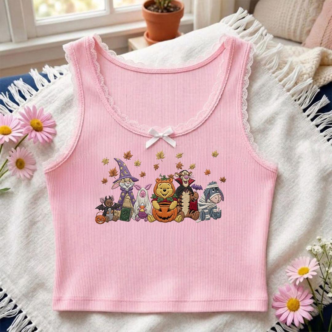Embroidered Winnie the Pooh Halloween Lace Trim Tank Top With Pooh Bear and Friends – Spooky Season Baby Tee Crop Tank Halloween Costume - photo 5