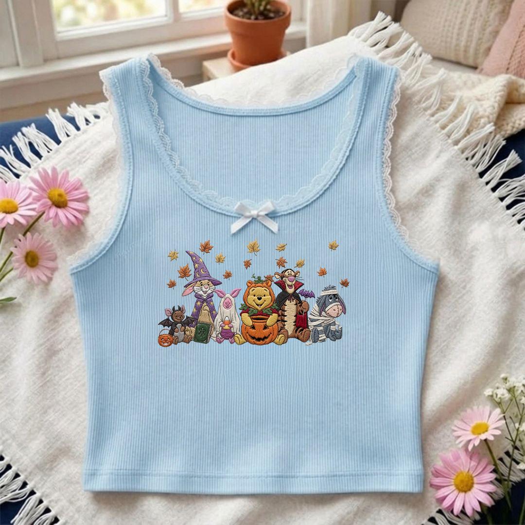 Embroidered Winnie the Pooh Halloween Lace Trim Tank Top With Pooh Bear and Friends – Spooky Season Baby Tee Crop Tank Halloween Costume - photo 6