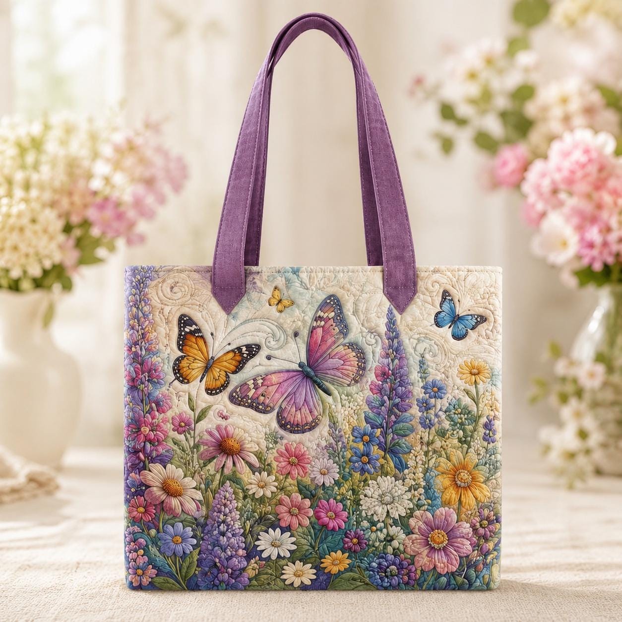 Butterfly Wildflower Style Tote Bag with Cottagecore Floral Shoulder Bag and Garden Lover Gift for Colorful Patchwork Market Purse