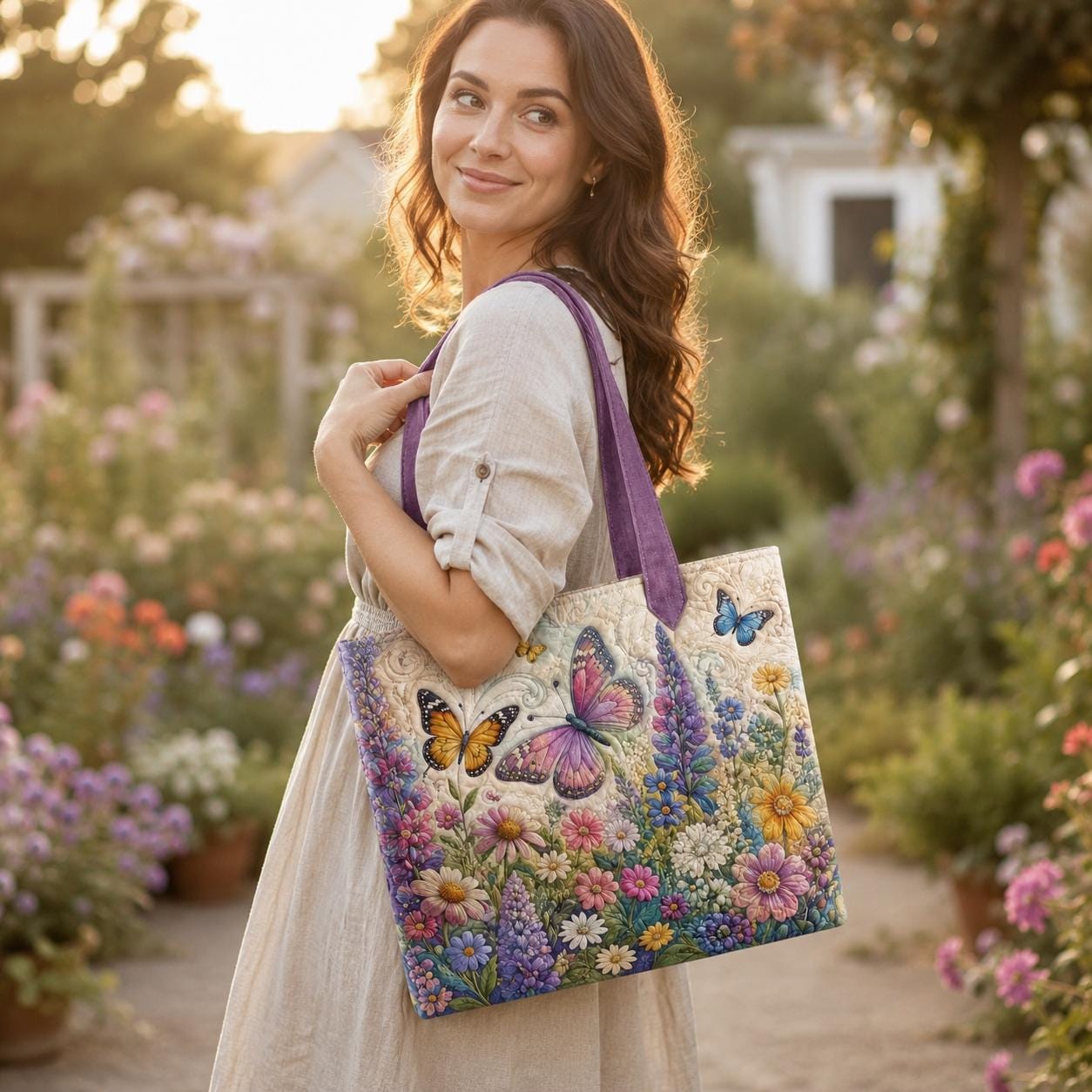 Butterfly Wildflower Style Tote Bag with Cottagecore Floral Shoulder Bag and Garden Lover Gift for Colorful Patchwork Market Purse - photo 2
