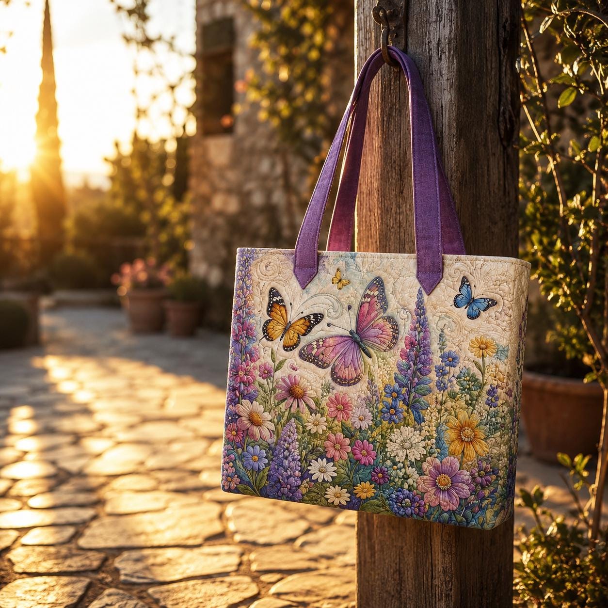 Butterfly Wildflower Style Tote Bag with Cottagecore Floral Shoulder Bag and Garden Lover Gift for Colorful Patchwork Market Purse - photo 3