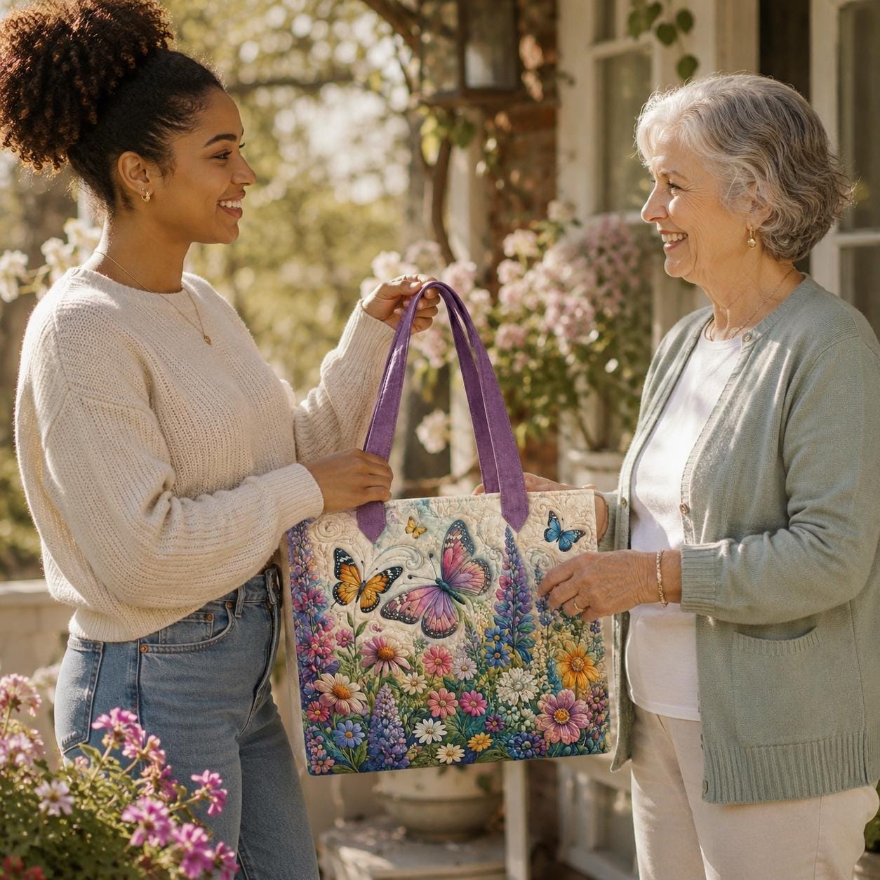 Butterfly Wildflower Style Tote Bag with Cottagecore Floral Shoulder Bag and Garden Lover Gift for Colorful Patchwork Market Purse - photo 4