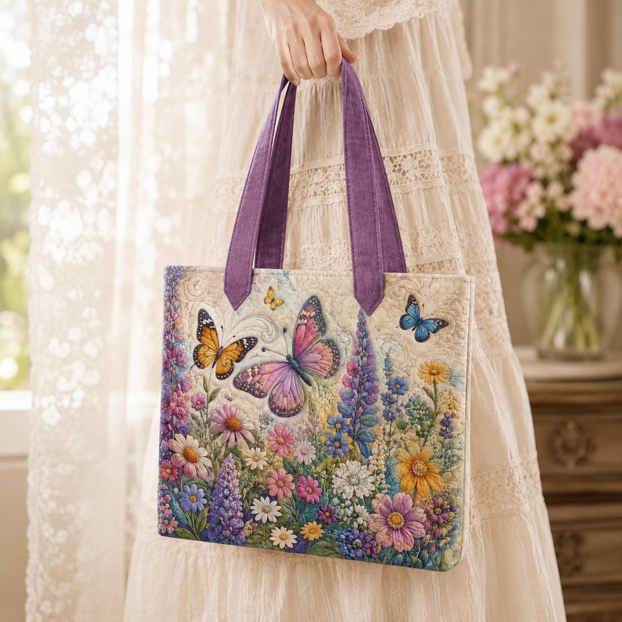 Butterfly Wildflower Style Tote Bag with Cottagecore Floral Shoulder Bag and Garden Lover Gift for Colorful Patchwork Market Purse - photo 6