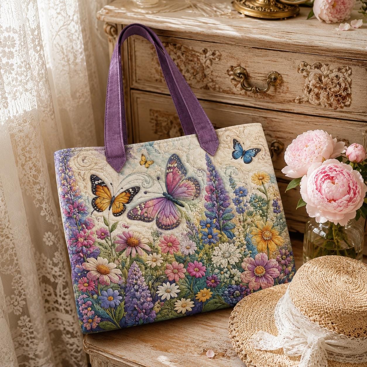 Butterfly Wildflower Style Tote Bag with Cottagecore Floral Shoulder Bag and Garden Lover Gift for Colorful Patchwork Market Purse - photo 7