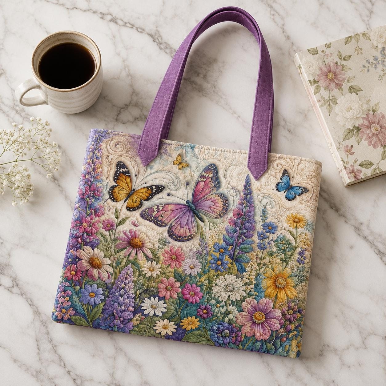 Butterfly Wildflower Style Tote Bag with Cottagecore Floral Shoulder Bag and Garden Lover Gift for Colorful Patchwork Market Purse - photo 8