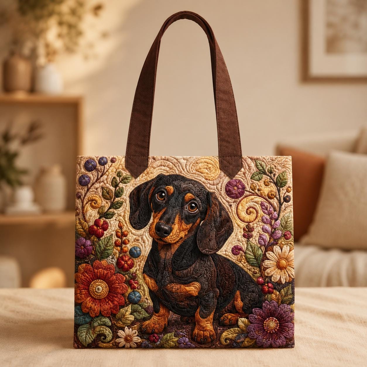 Tote Bag and Shoulder Purse with Personalized Dachshund Styleed Design, Dog Floral Motif, and Wiener Pet Lover Gift For Dog Mom
