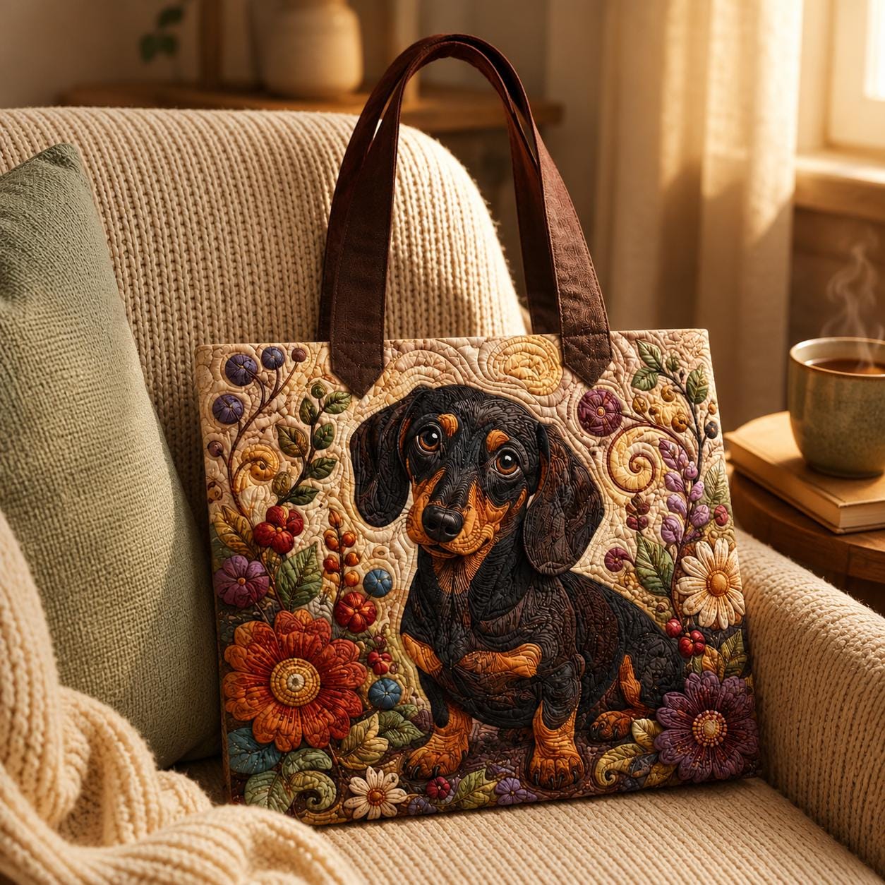 Tote Bag and Shoulder Purse with Personalized Dachshund Styleed Design, Dog Floral Motif, and Wiener Pet Lover Gift For Dog Mom - photo 3