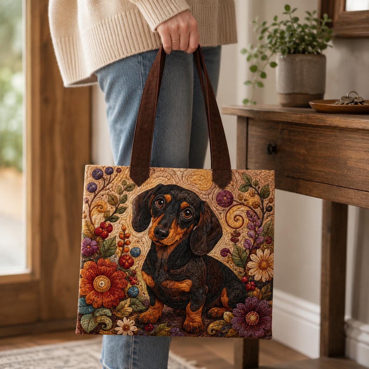 Tote Bag and Shoulder Purse with Personalized Dachshund Styleed Design, Dog Floral Motif, and Wiener Pet Lover Gift For Dog Mom - photo 7