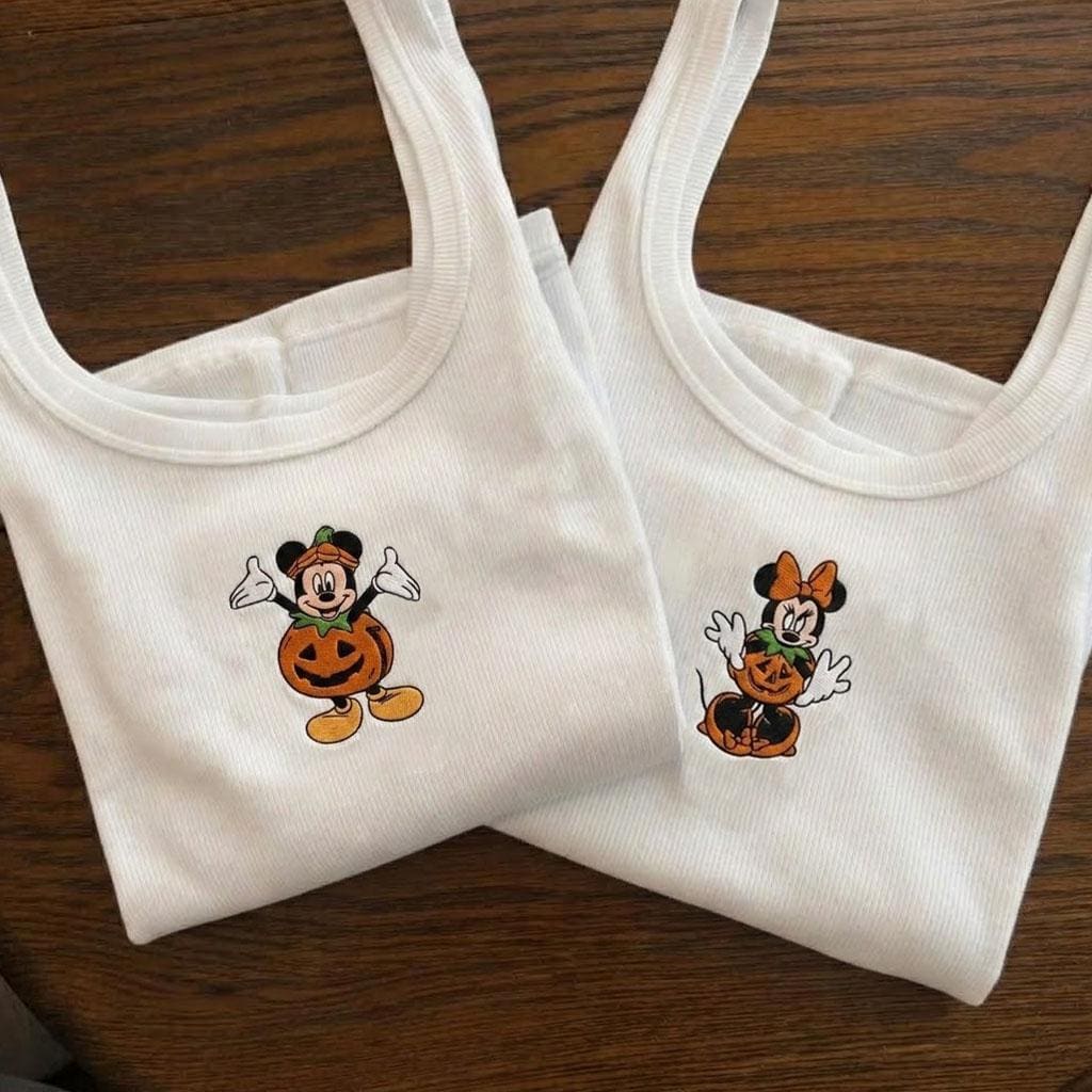 Disney Halloween Embroidered Tank Top With Mickey and Minnie Pumpkin – Spooky Season Disney Vacation Shirt for Magic Kingdom Outfit