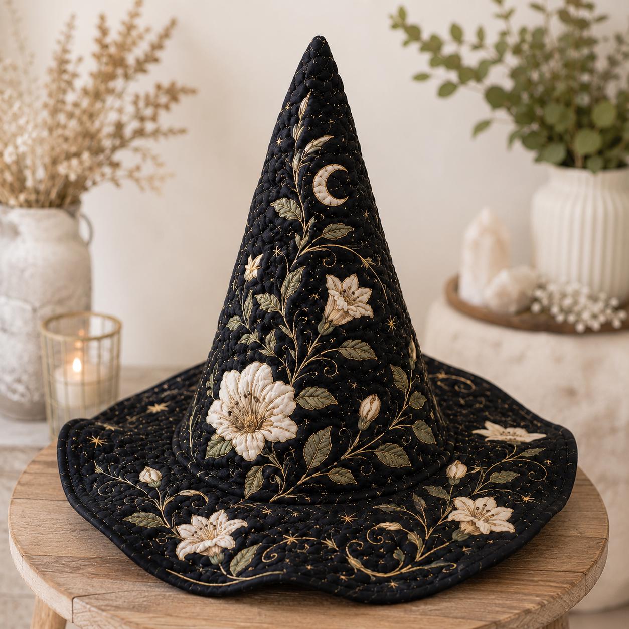Quilted Witch Hat with Black Floral Moon for Elegant Celestial Halloween Decor and Gothic Cottagecore Costume Hat