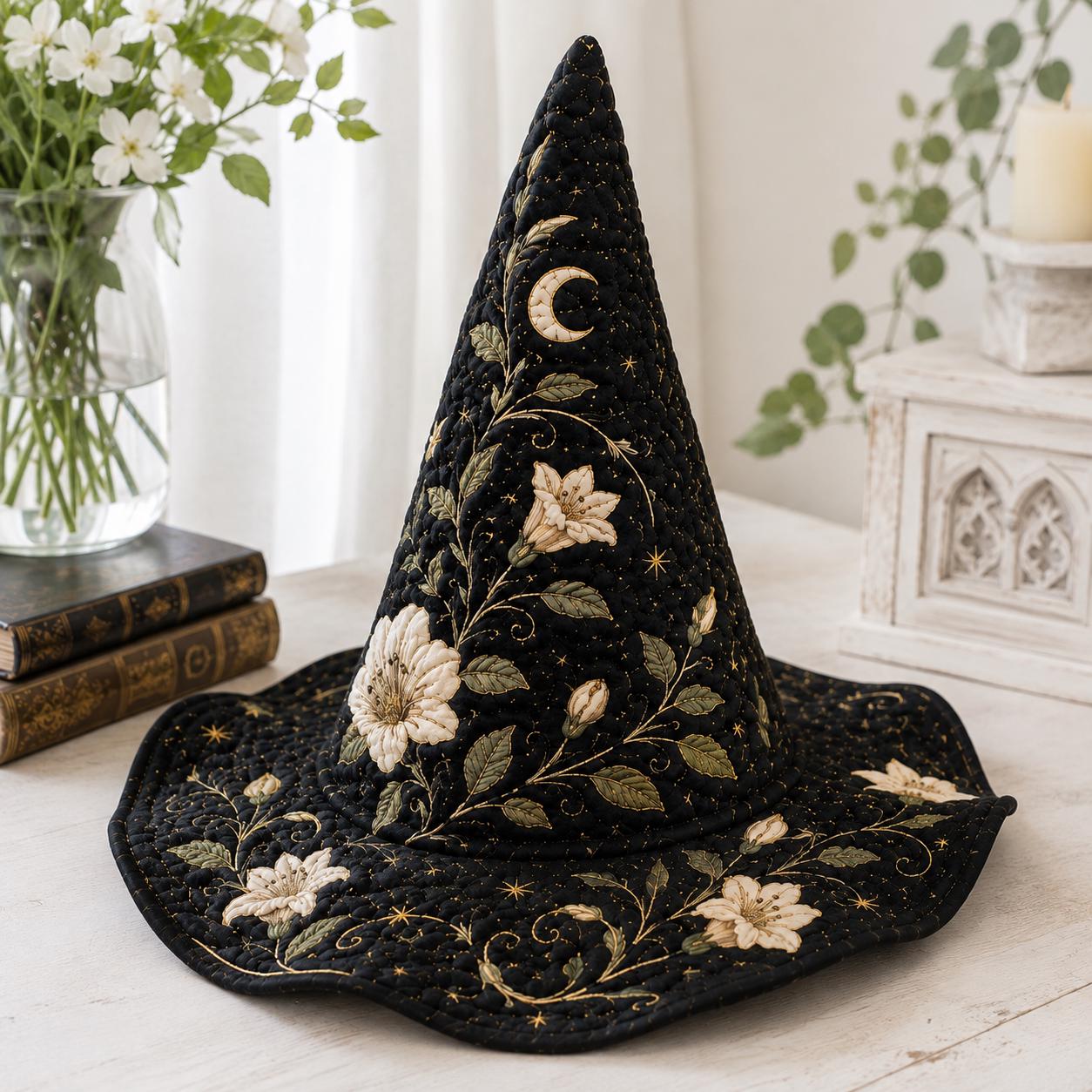 Quilted Witch Hat with Black Floral Moon for Elegant Celestial Halloween Decor and Gothic Cottagecore Costume Hat - photo 2