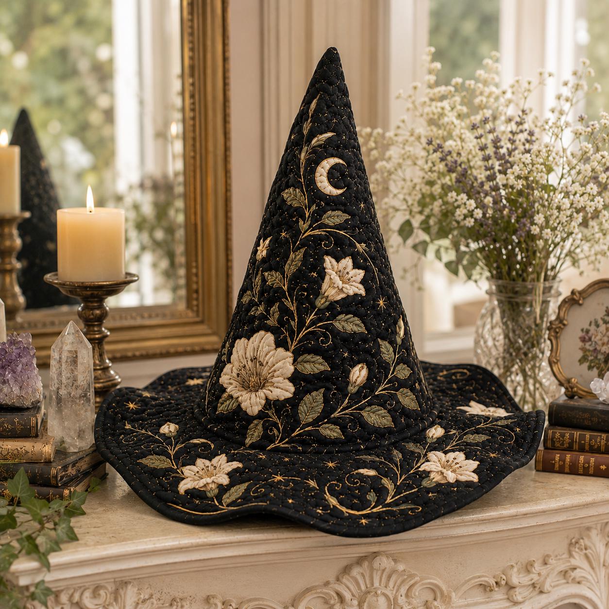 Quilted Witch Hat with Black Floral Moon for Elegant Celestial Halloween Decor and Gothic Cottagecore Costume Hat - photo 4