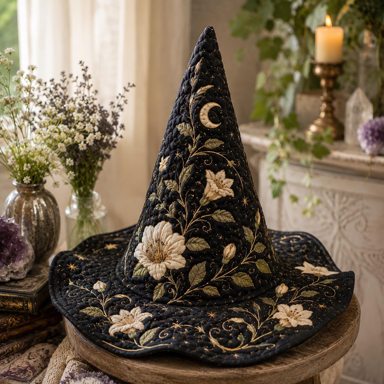 Quilted Witch Hat with Black Floral Moon for Elegant Celestial Halloween Decor and Gothic Cottagecore Costume Hat - photo 5