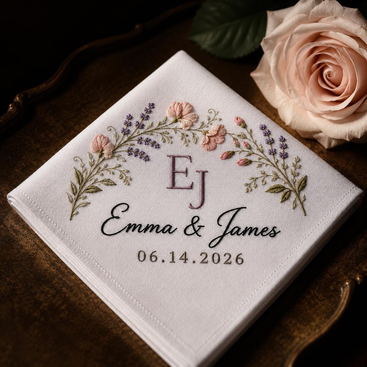 Custom Embroidered Wedding Handkerchief with Personalized Initial Name Hankie and Floral Bridal Keepsake for Wedding Date Gift for Bride