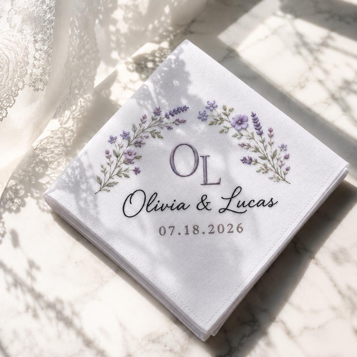 Custom Embroidered Wedding Handkerchief with Personalized Initial Name Hankie and Floral Bridal Keepsake for Wedding Date Gift for Bride - photo 2