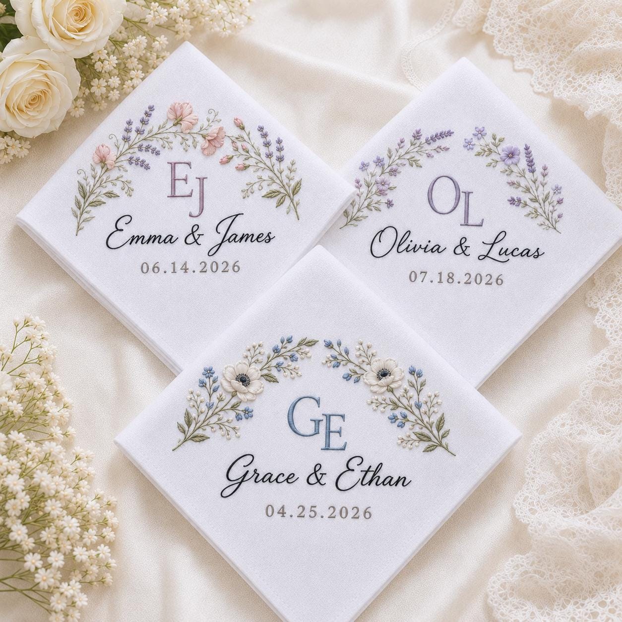 Custom Embroidered Wedding Handkerchief with Personalized Initial Name Hankie and Floral Bridal Keepsake for Wedding Date Gift for Bride - photo 3