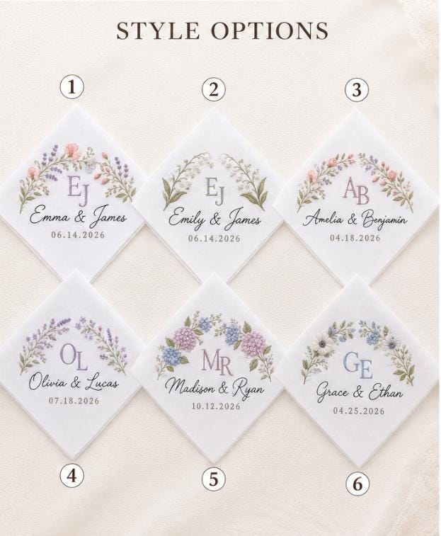 Custom Embroidered Wedding Handkerchief with Personalized Initial Name Hankie and Floral Bridal Keepsake for Wedding Date Gift for Bride - photo 4