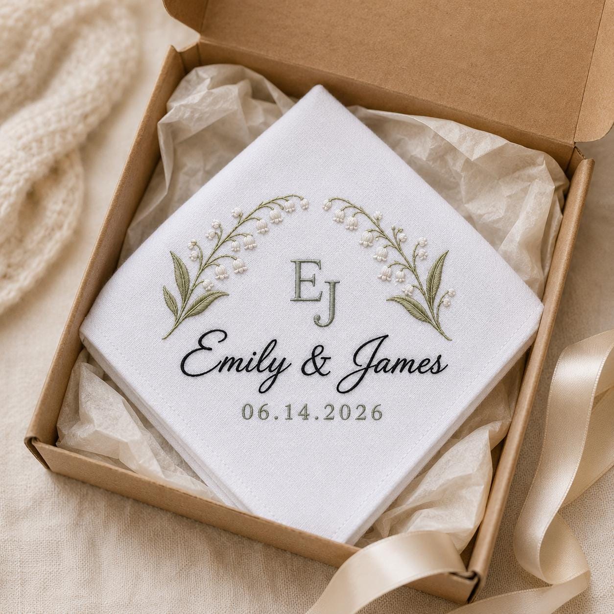 Custom Embroidered Wedding Handkerchief with Personalized Initial Name Hankie and Floral Bridal Keepsake for Wedding Date Gift for Bride - photo 8