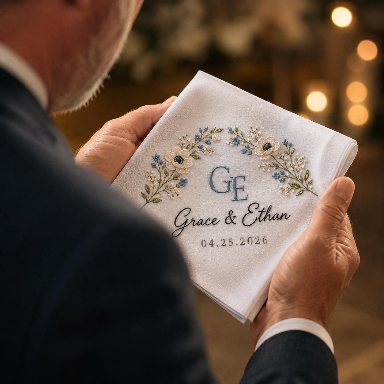 Custom Embroidered Wedding Handkerchief with Personalized Initial Name Hankie and Floral Bridal Keepsake for Wedding Date Gift for Bride - photo 9