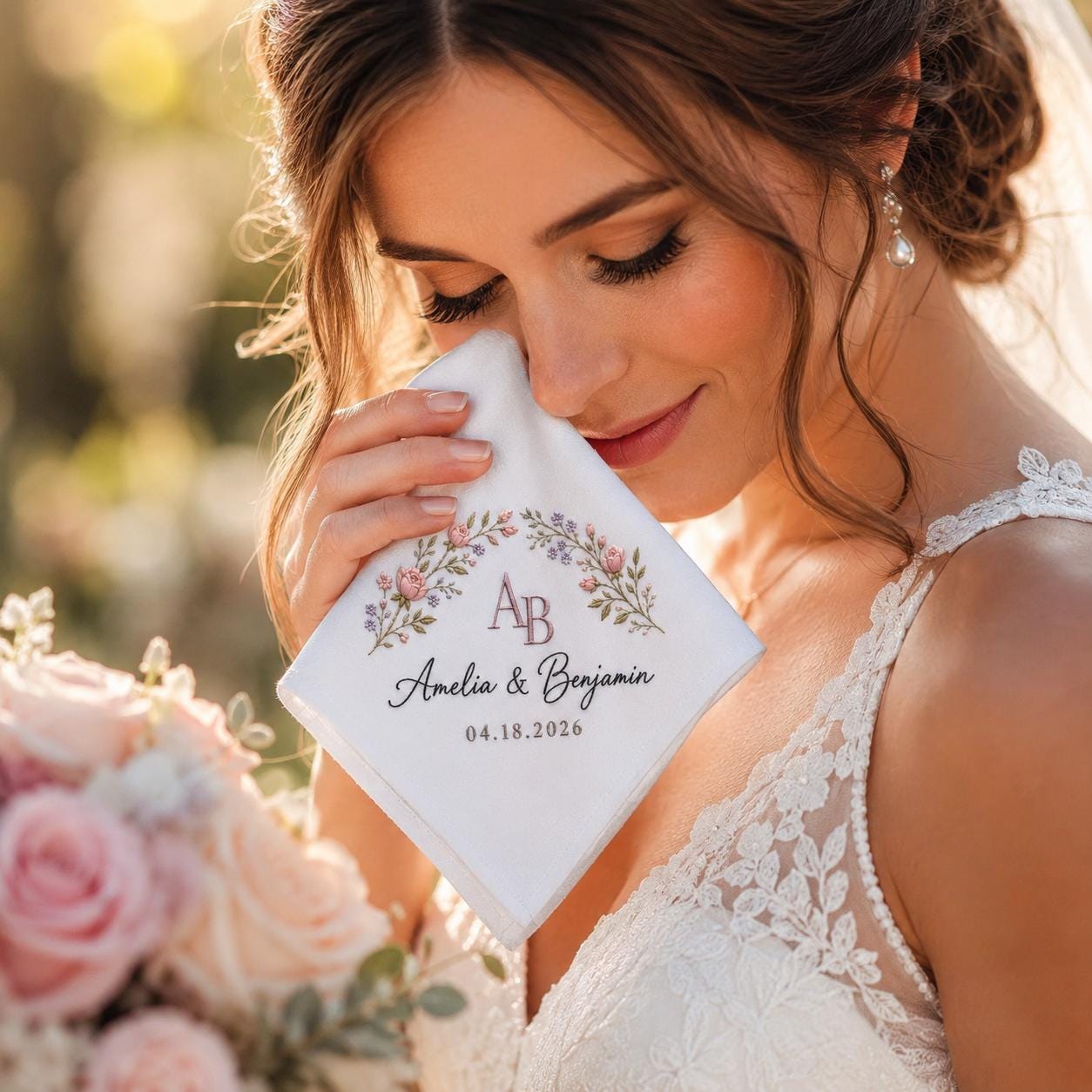 Custom Embroidered Wedding Handkerchief with Personalized Initial Name Hankie and Floral Bridal Keepsake for Wedding Date Gift for Bride - photo 10